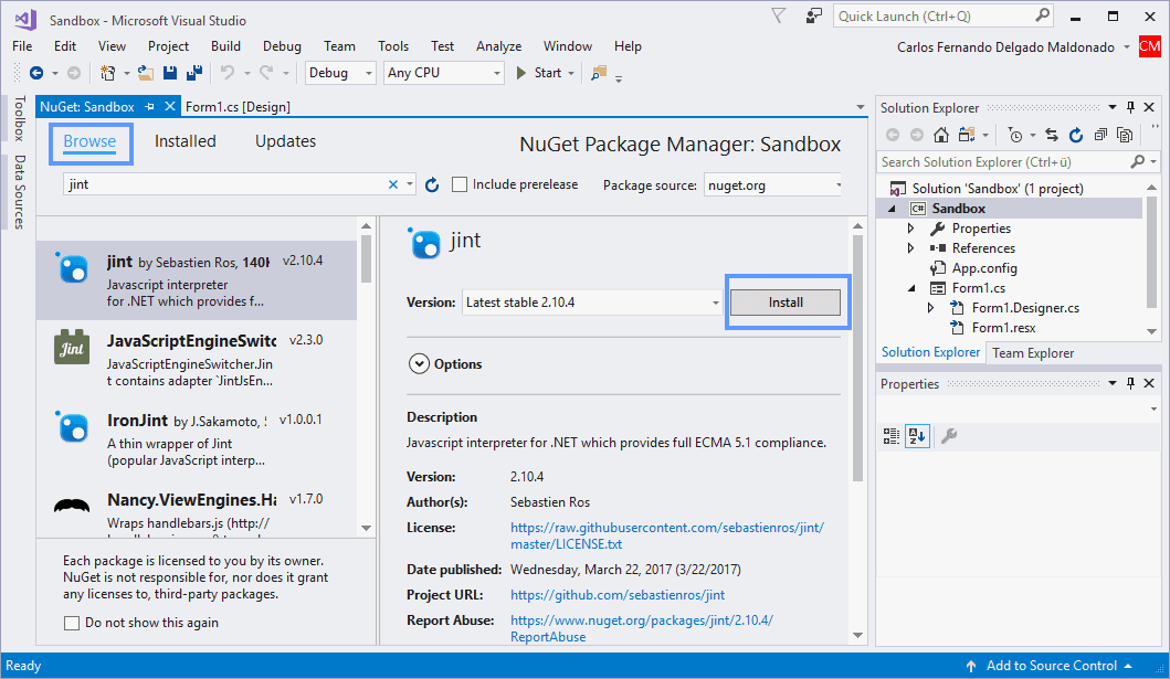 在WinForms项目中安装Jint Javascript解释器